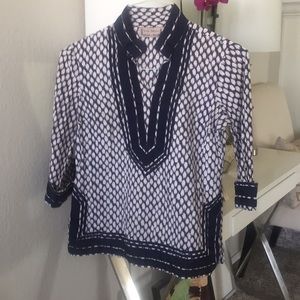 Navy blue and white tunic with ribbon detail